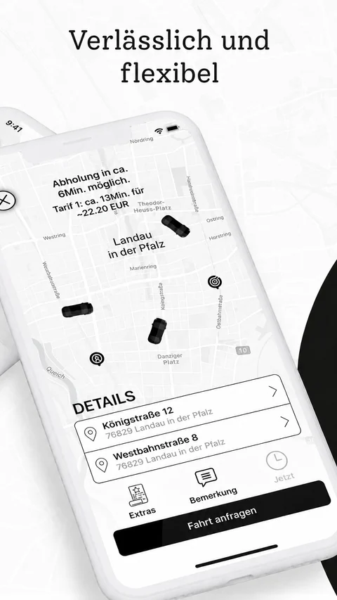 App „Taxi Zentrale Landau“: Anfahrt live verfolgen und Ankunftszeit sowie Tarif vorab sehen