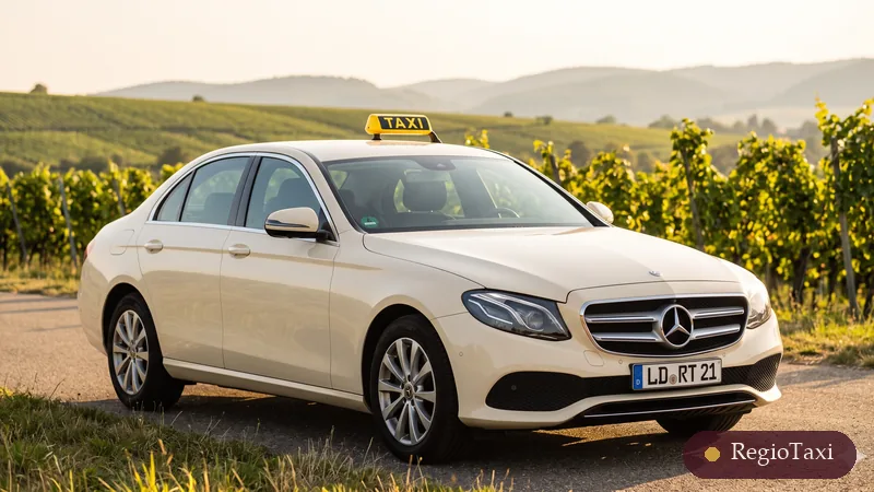 Beige Mercedes E-Klasse (LD RT 21) von RegioTaxi vor Weinbergen