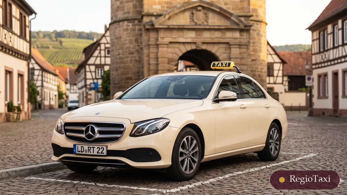Beige Mercedes E-Klasse von RegioTaxi in einem Weinort – Fahrten nach Siebeldingen