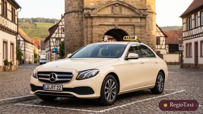 Beige Mercedes E-Klasse (LD RT 22) am historischen Stadttor