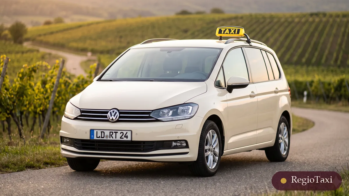 Beige VW Touran von RegioTaxi zwischen Weinbergen – Taxifahrten nach Rohrbach