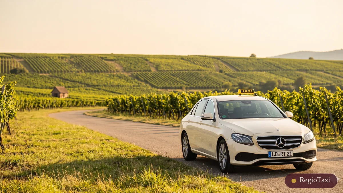 Beige Mercedes E-Klasse (LD RT 21) von RegioTaxi auf einer Weinbergstraße bei Landau im Abendlicht