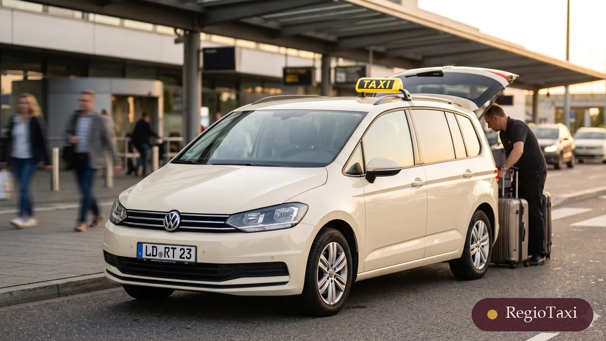 Beige VW Touran von RegioTaxi beim Beladen – Überlandfahrten und Transfers ab Landau