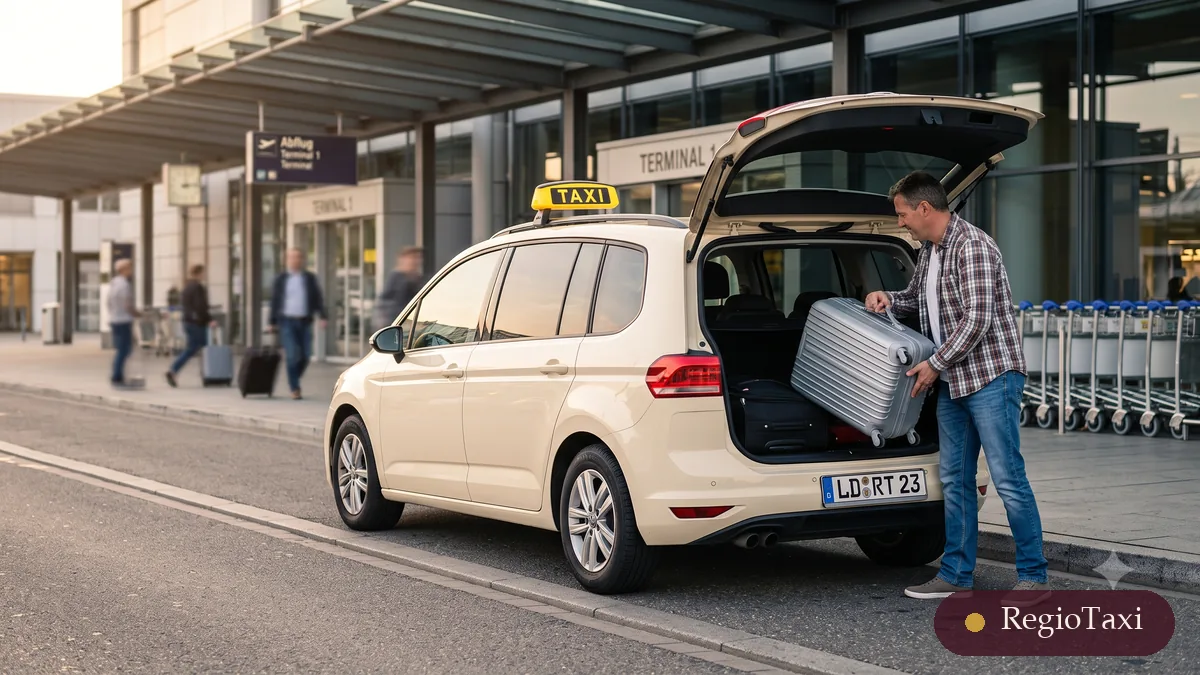 RegioTaxi-Fahrer verlädt Koffer in den beigen VW Touran (LD RT 23) vor Terminal 1 am Flughafen