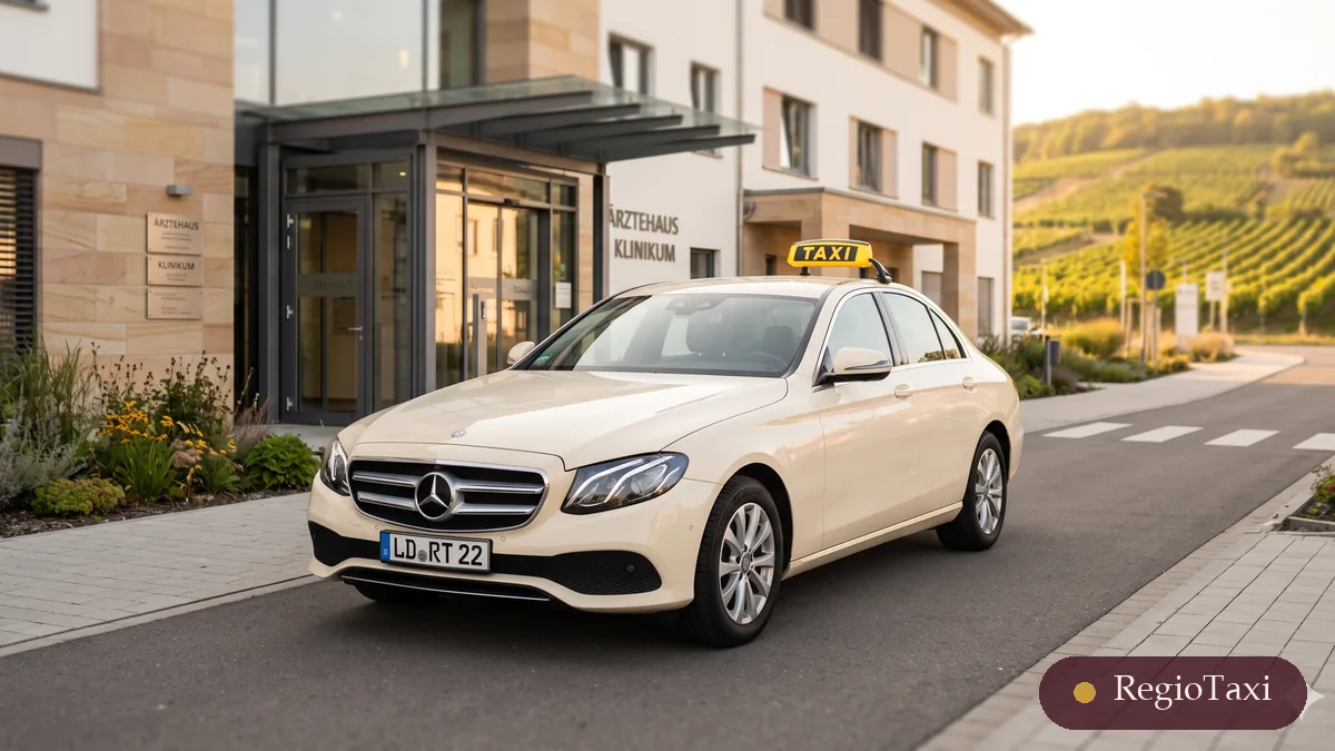 Beige Mercedes E-Klasse von RegioTaxi vor einem Ärztehaus – Kranken- und Kurfahrten nach Bad Bergzabern