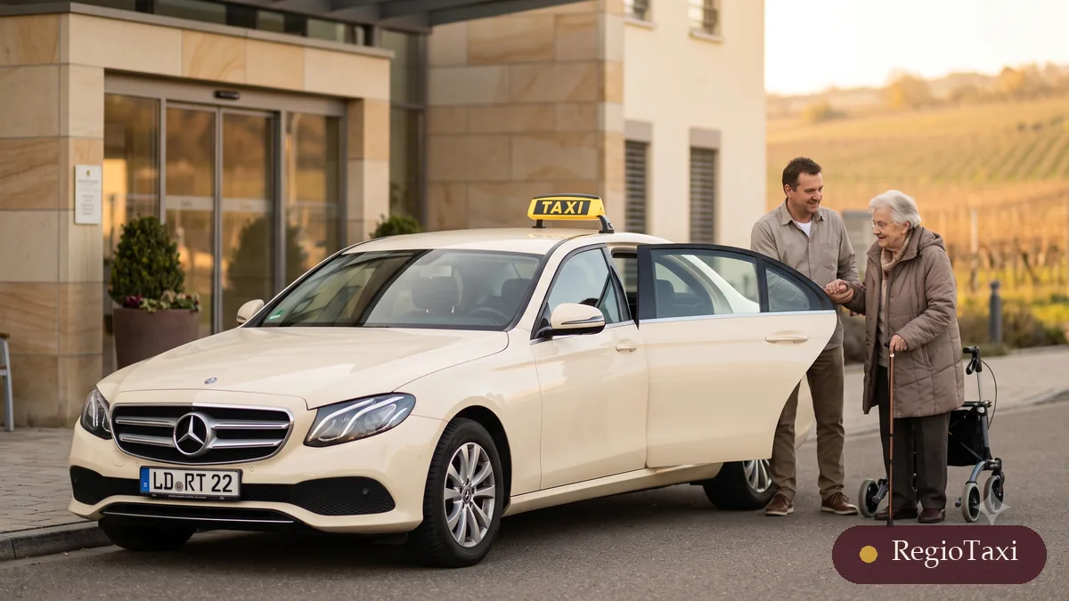 RegioTaxi-Fahrer hilft einer Seniorin mit Rollator beim Einsteigen in die beige Mercedes E-Klasse (LD RT 22)