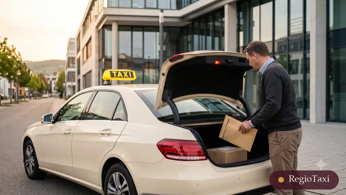 RegioTaxi Kurierfahrt: Fahrer verlädt Paket und Dokumente in die beige Mercedes E-Klasse vor einem Bürogebäude