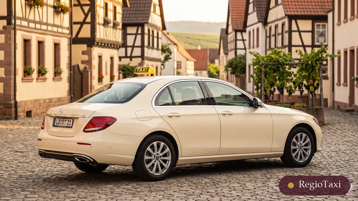 Beige Mercedes E-Klasse von RegioTaxi in einem Pfälzer Dorf – Taxifahrten nach Impflingen