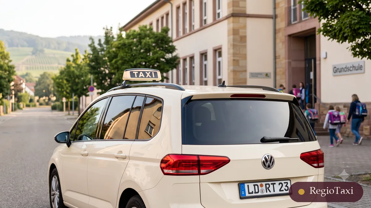Beige VW Touran (LD RT 23) von RegioTaxi wartet vor der Grundschule – sichere Schülerbeförderung