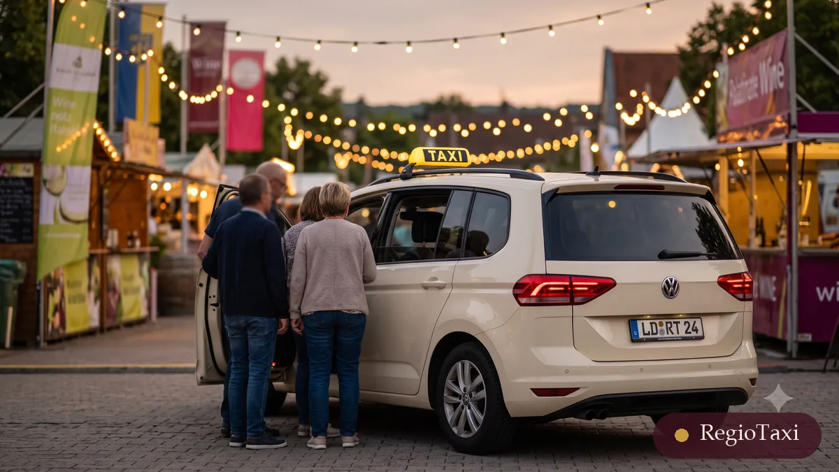 RegioTaxi Weinfest-Shuttle: Gäste steigen abends unter Lichterketten in den beigen VW Touran (LD RT 24)
